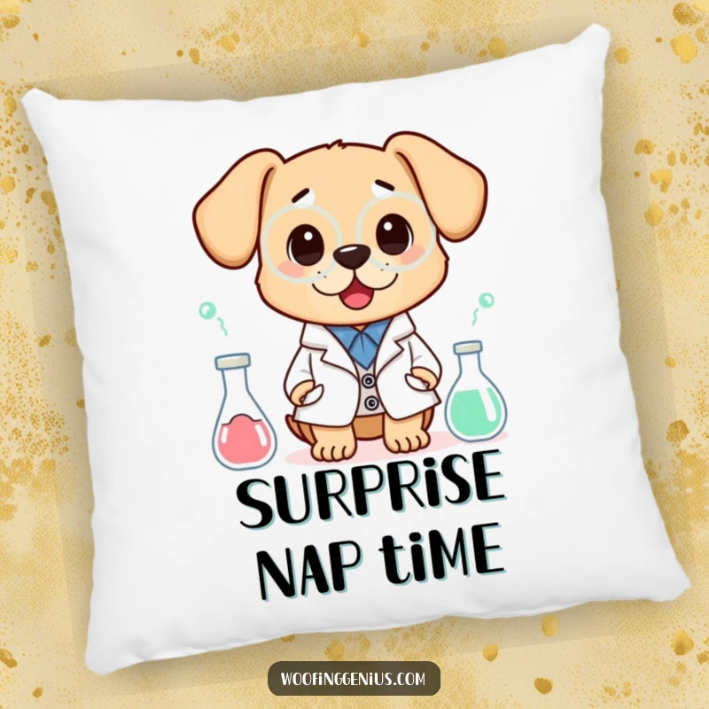 Funny pillow featuring a dog in a lab coat looking surprised by an experiment, bringing a comical and scientific touch to any space.