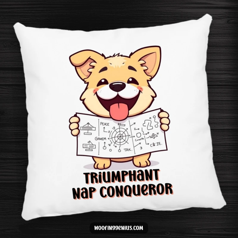 Funny dog pillow featuring a dog with a triumphant grin, holding a complex diagram. Comfortable and successful.