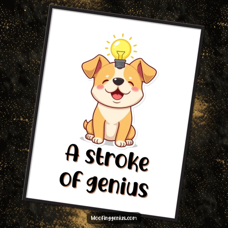 Funny digital art print of a dog with a glowing lightbulb above its head, symbolizing a moment of genius, ready for printing.