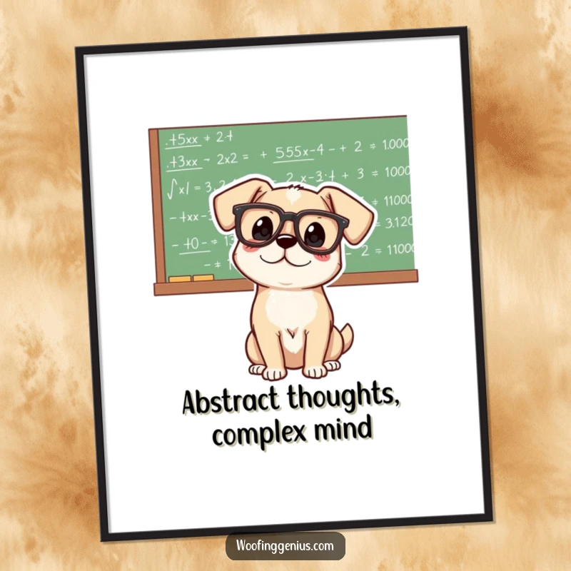 Funny genius dog wearing large glasses, intently focused on a chalkboard covered in complex mathematical equations, digital art.