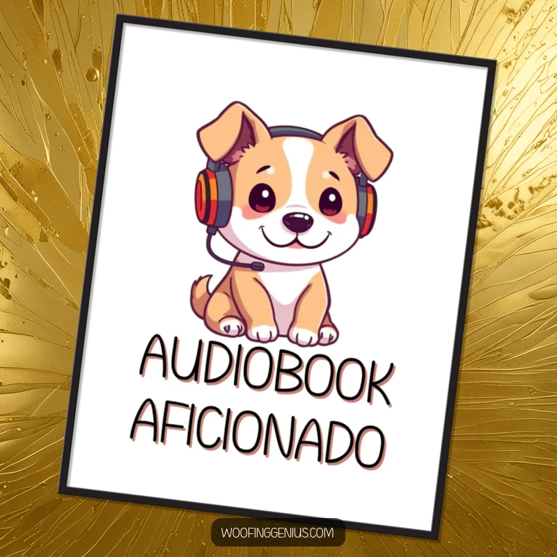 Funny digital art print of a dog wearing headphones, intently listening to a lecture, ideal for study room decor.