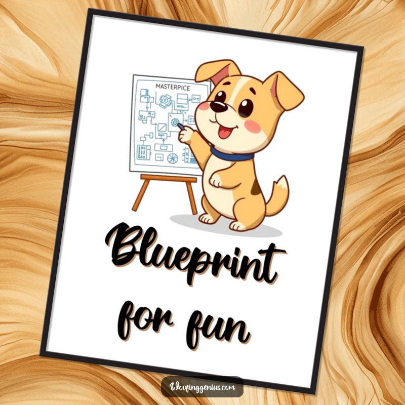 Funny dog blueprint digital art print, a dog excitedly pointing at a complex blueprint, ready to be framed.