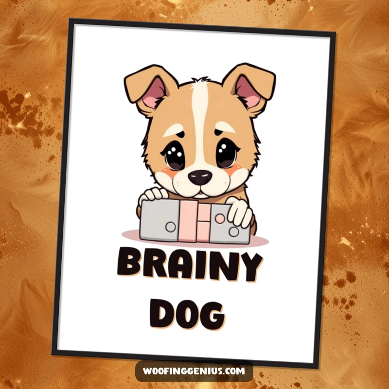 Funny Digital Art Print: Dog with a thoughtful gaze staring at a complex puzzle, now solved, humorous wall art.