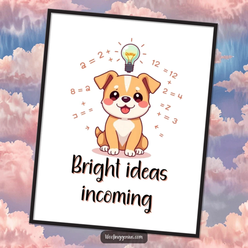 Funny dog digital art print of a dog amidst floating equations, with a lightbulb symbolizing a bright idea above.