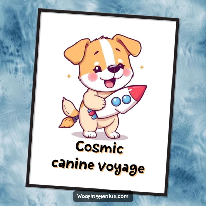 Funny dog digital art print of a dog with a eureka expression holding a miniature rocket ship.