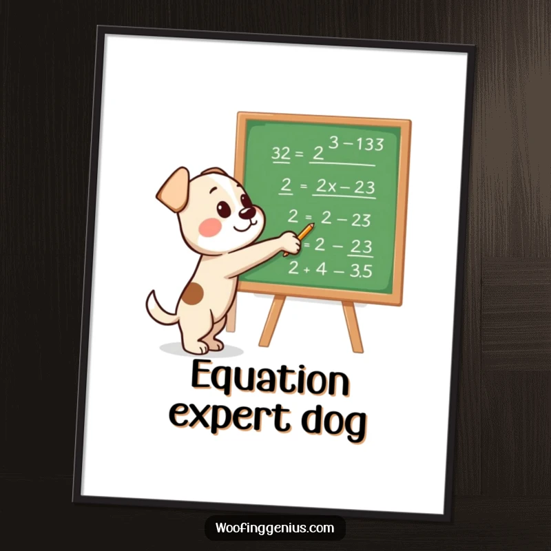 Funny digital art print of a dog pointing at a blackboard covered in complex mathematical equations, representing canine brilliance.