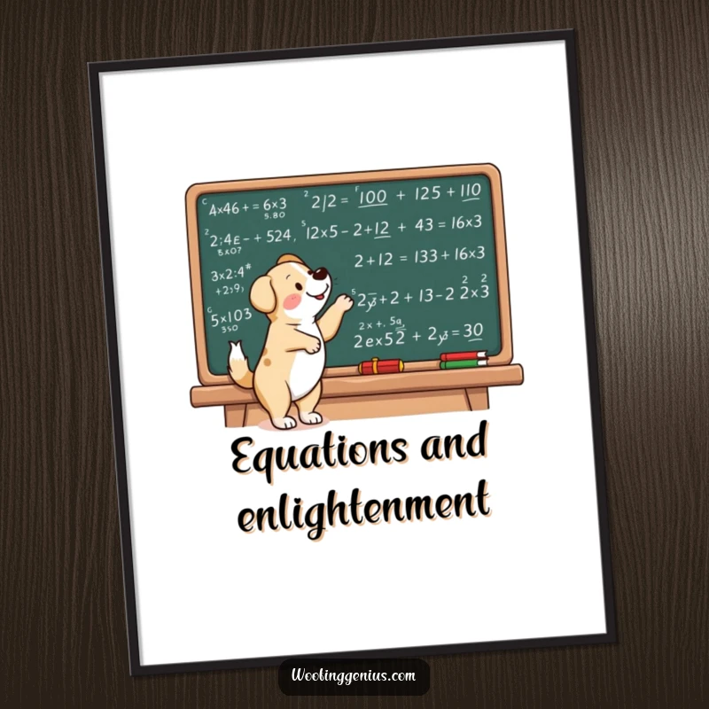Funny dog digital art print of a dog excitedly pointing at complex mathematical equations on a chalkboard.