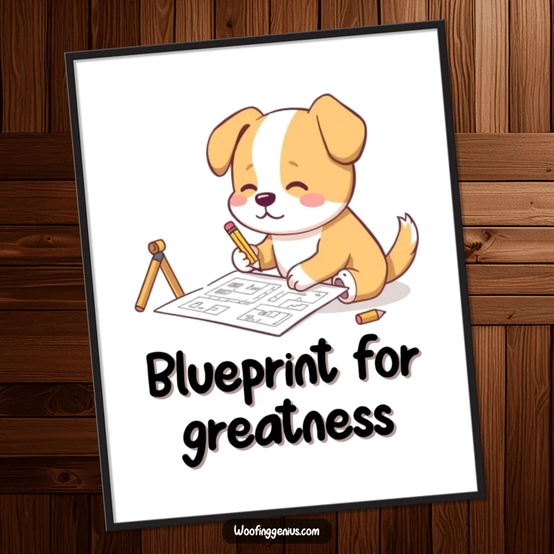 Funny Digital Art Print: A dog uses a tiny pencil to sketch complex blueprints, embodying meticulous architectural design.