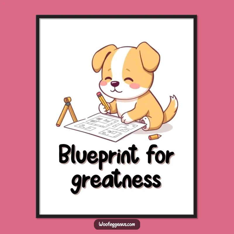 Funny Architect Dog Digital Art: Blueprint Sketching Pup, Hilarious Wall Art