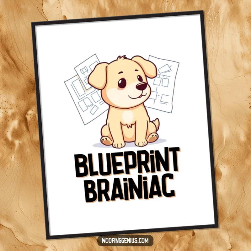 Funny digital art print of a dog looking thoughtfully at spread-out blueprints, contemplating architectural and design elements.