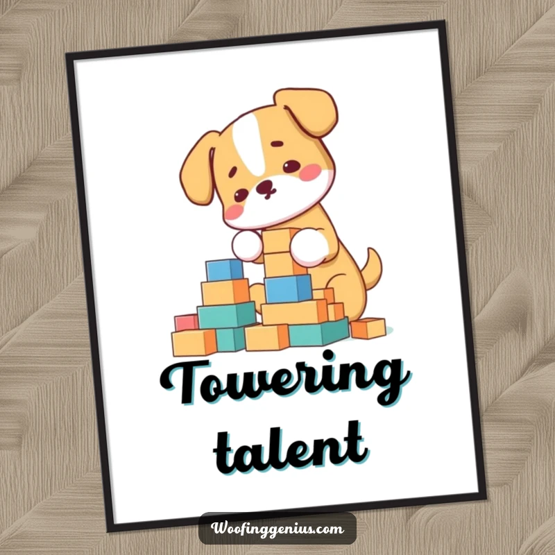 Funny Digital Art Print: Dog meticulously arranging building blocks into a towering structure, humorous wall art.