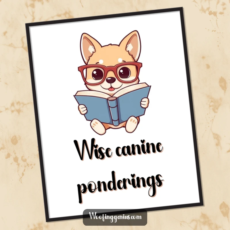 Funny digital art print of a dog wearing oversized glasses, engrossed in reading a thick book, ready for instant download and display.