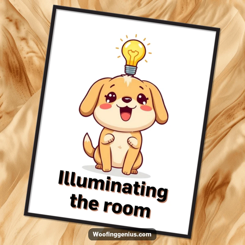 Funny dog digital art print of a dog with a lightbulb, energetically explaining a brilliant concept.