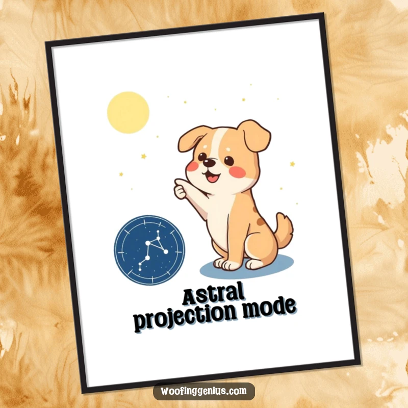 Funny digital art print of a dog with dramatic flair, pointing a paw directly at a detailed constellation on a star chart.