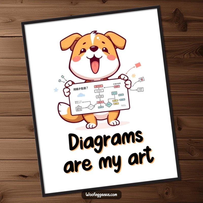 Funny dog character excitedly explaining a complex flowchart, available as digital art print for instant humorous decor.