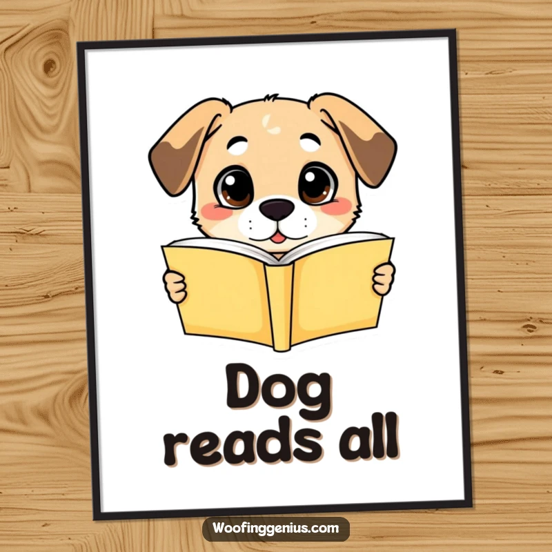 Funny digital art print: a dog looking incredibly wise, holding an open book with eyes wide in sudden, profound understanding.