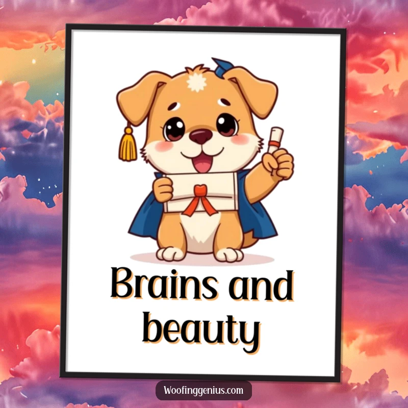 Funny dog graduation digital art print of a triumphant dog wearing a cap and holding a tiny diploma, embodying academic success.