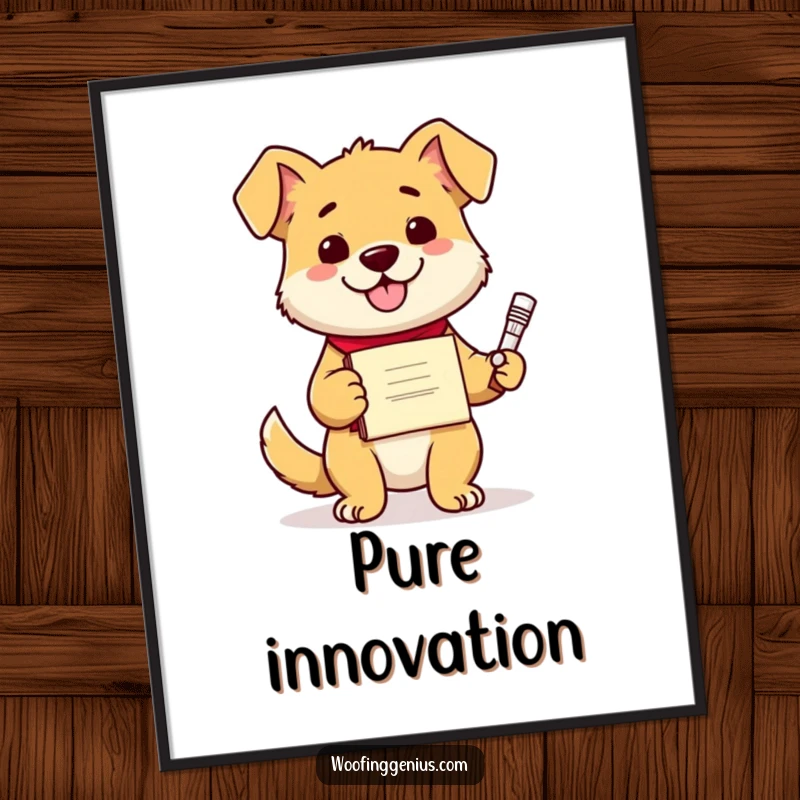 Funny proud dog with a diploma, holding a blueprint for a new invention, ready to be framed digitally.