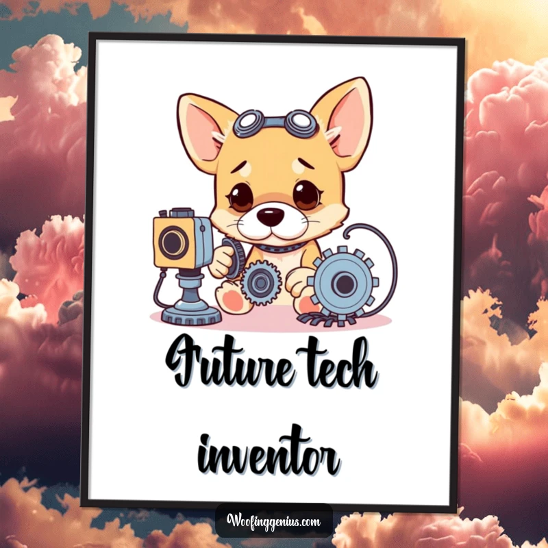 Funny digital art print of a dog intensely focused on working with gears, wires, and tools.