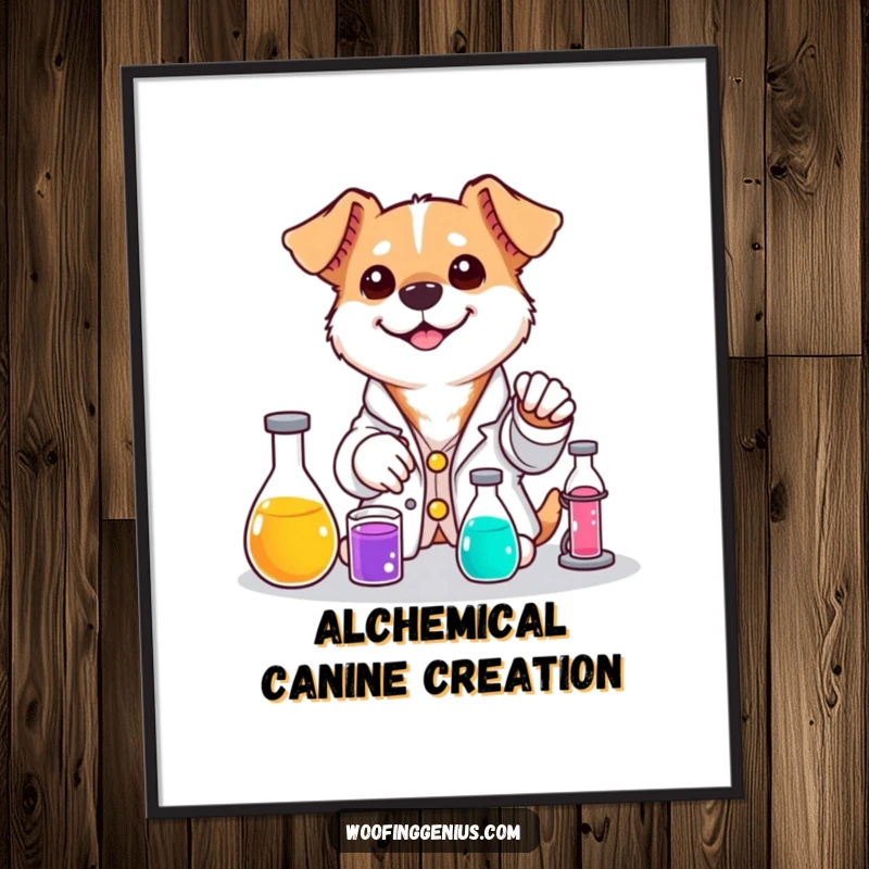 Funny dog digital art print of a dog in a lab coat mixing colorful liquids with a smile.
