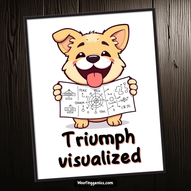 Funny dog digital art print of a dog with a triumphant grin, holding a complex diagram. Celebrates intelligence.