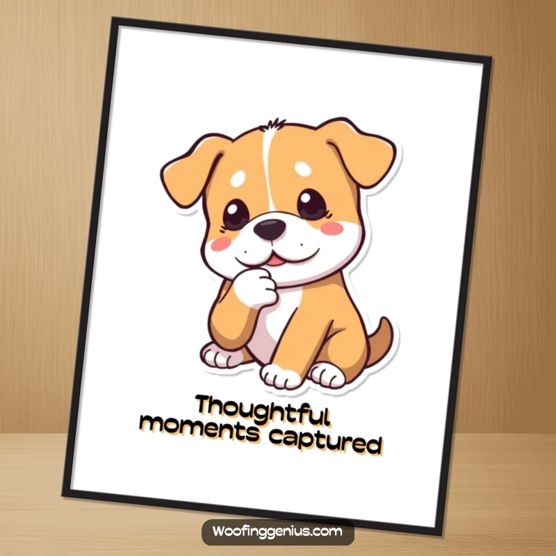 Funny dog digital art print of a dog tapping its chin thoughtfully. Expresses deep thought.