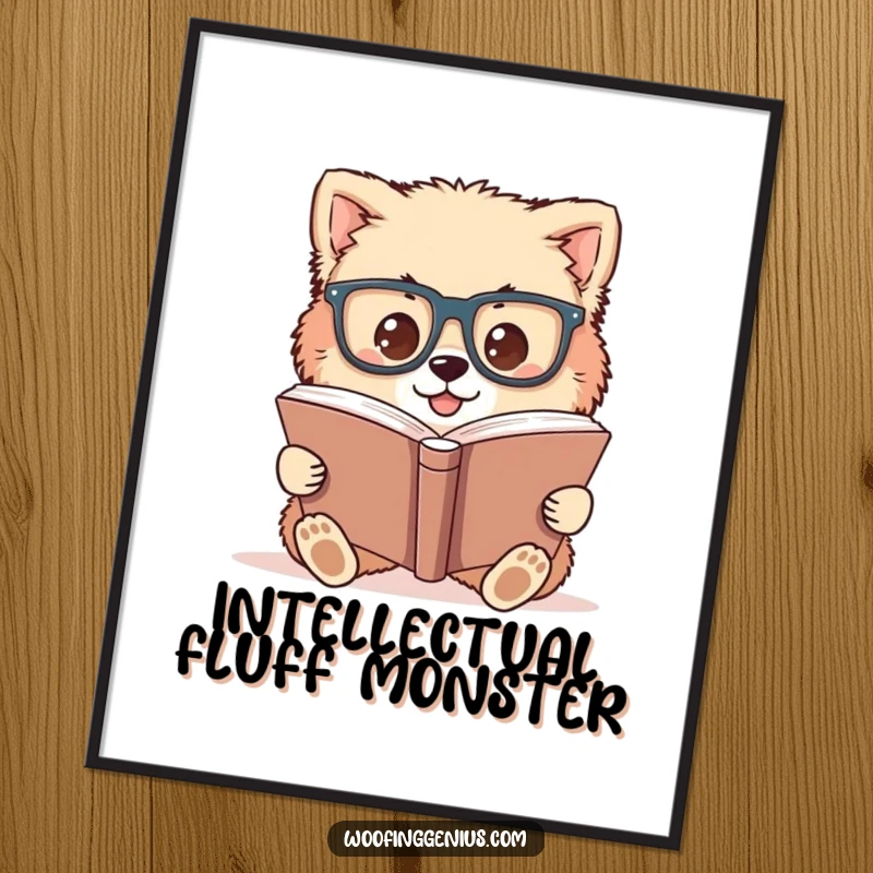 Funny digital art print of a fluffy dog wearing oversized glasses, intensely studying a large book.