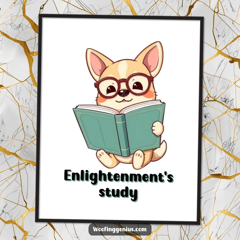 Funny dog wearing spectacles holding a huge ancient book, looking enlightened, digital art print, radiating intelligence.