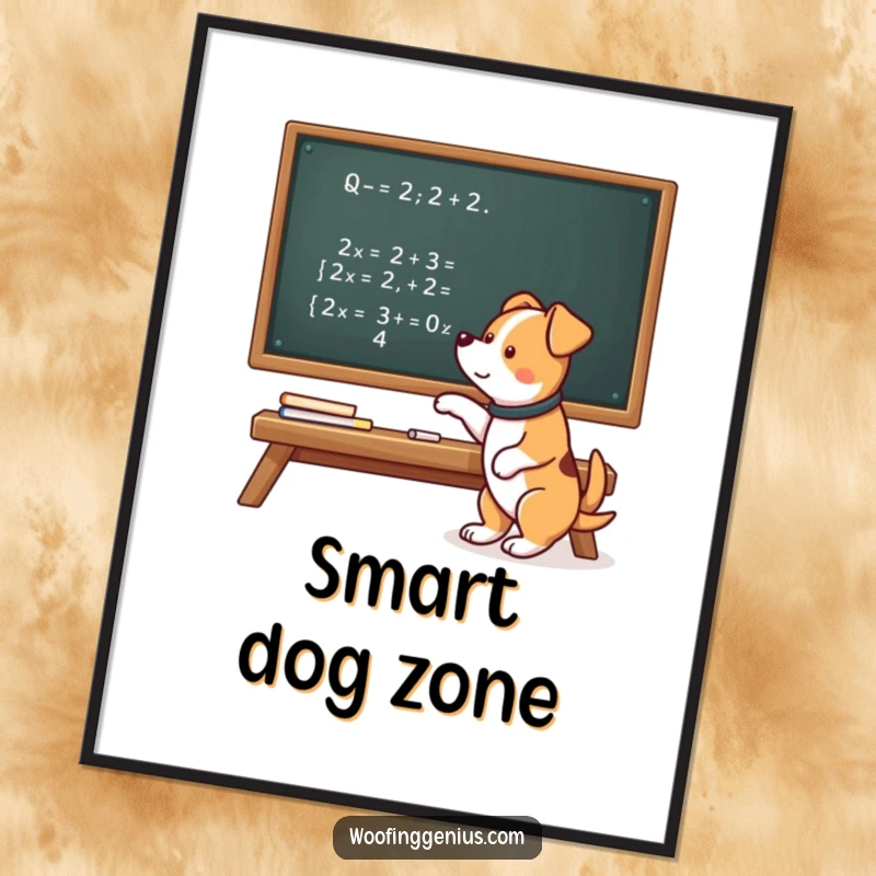 Funny digital art print of a smart dog pointing at a complex mathematical equation on a chalkboard, ideal for framing.