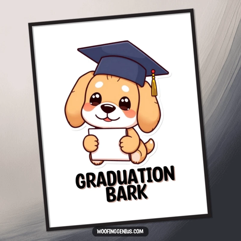 Funny Graduation Dog Digital Art Print of a dog wearing a graduation cap and holding a diploma.