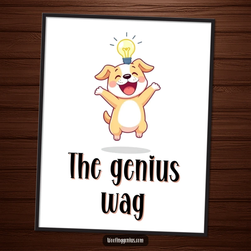 Funny digital art print of an excited dog bouncing with a glowing lightbulb above its head.
