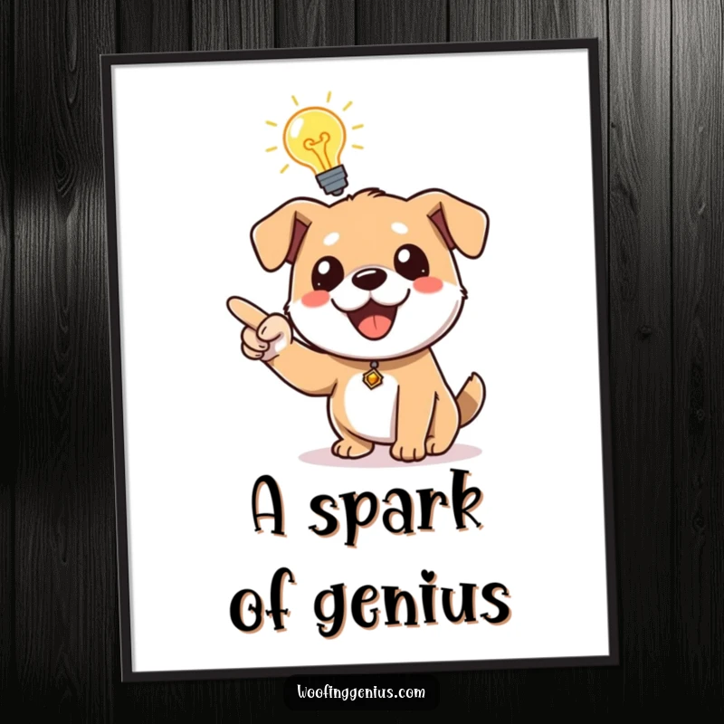 Funny dog with a glowing lightbulb above its head, enthusiastically pointing, colorful digital art print.