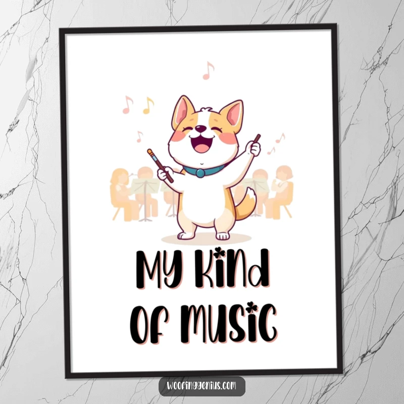 Funny maestro dog digital art: a joyful dog conducts an invisible orchestra with a tiny baton, embodying musical passion and fun.