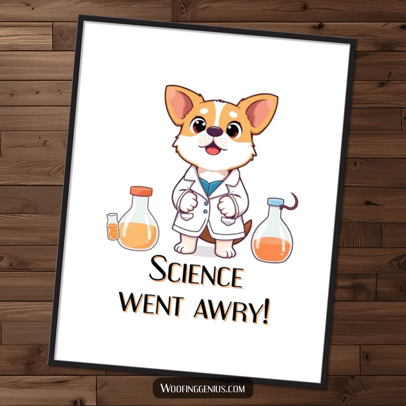 Funny Digital Art Print: A dog in a lab coat looks utterly surprised by a chaotic experiment, a humorous scientific reaction.