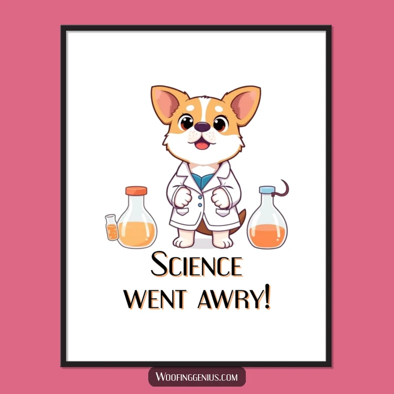 Funny Scientist Dog Digital Art: Surprised Experiment Pup, Hilarious Wall Art