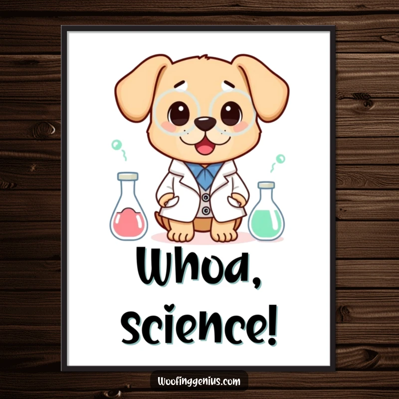 Funny digital art print of a dog wearing a lab coat, looking shocked by a peculiar experiment, symbolizing scientific surprise and humorous outcomes.