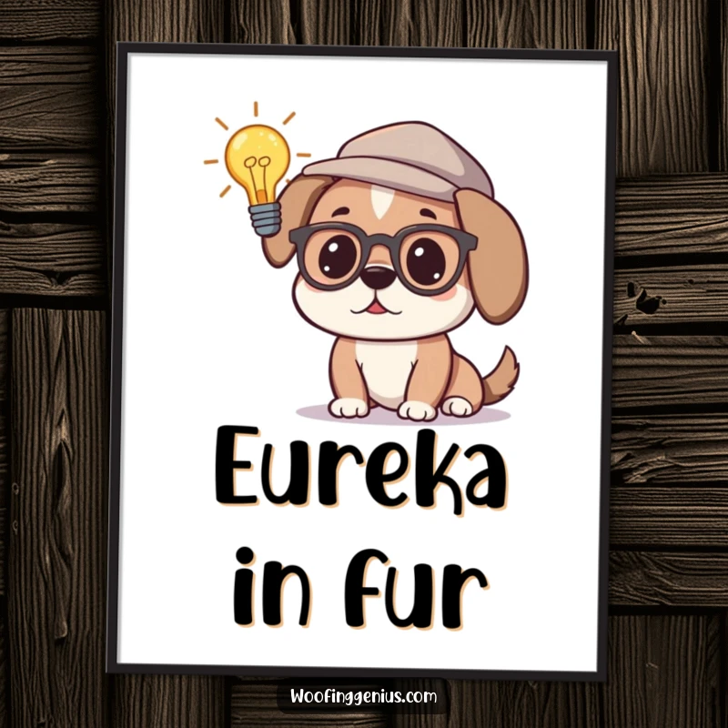 Funny digital art print of a dog wearing glasses and a thinking cap, with a lit lightbulb above its head, representing intellect and innovation.