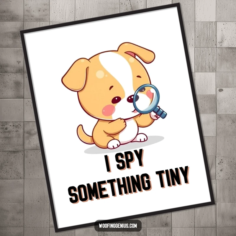 Funny digital art print of a dog using a magnifying glass to inspect a tiny object, ideal for detective-themed decor.