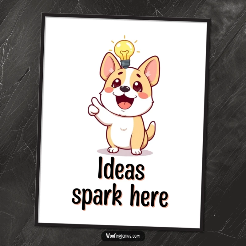 Funny Dog Digital Art Print of a dog with a lightbulb, excitedly pointing, symbolizing a great idea and creative spark.