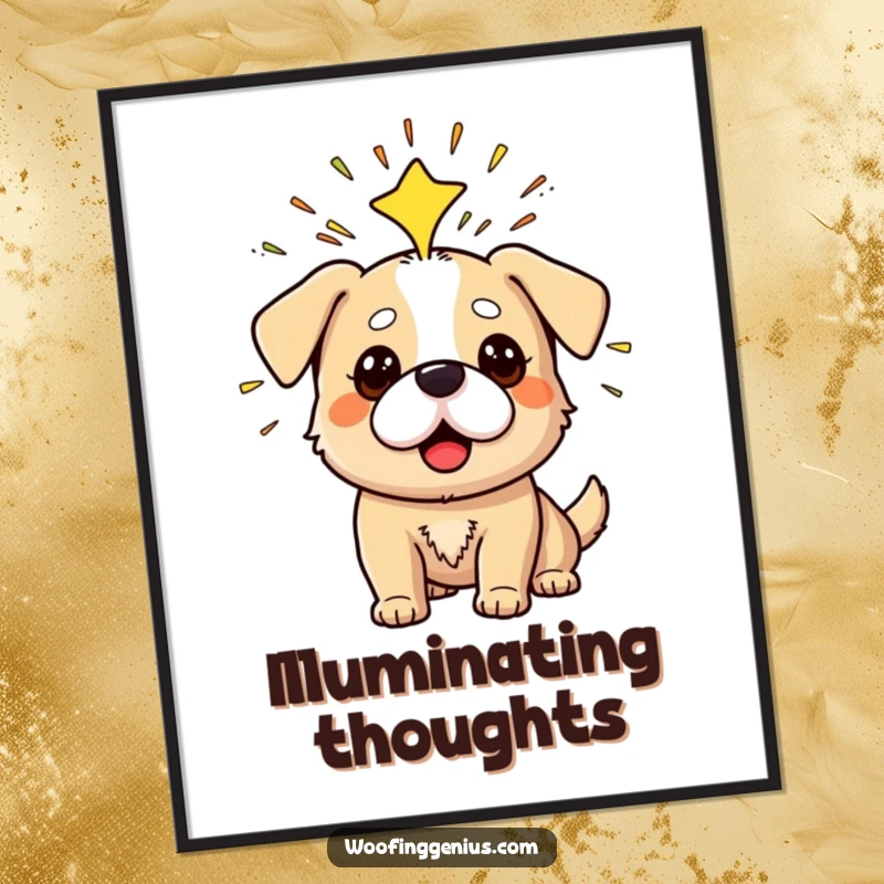 Funny digital art print of a dog having a sudden Eureka moment with sparks bursting from its head.