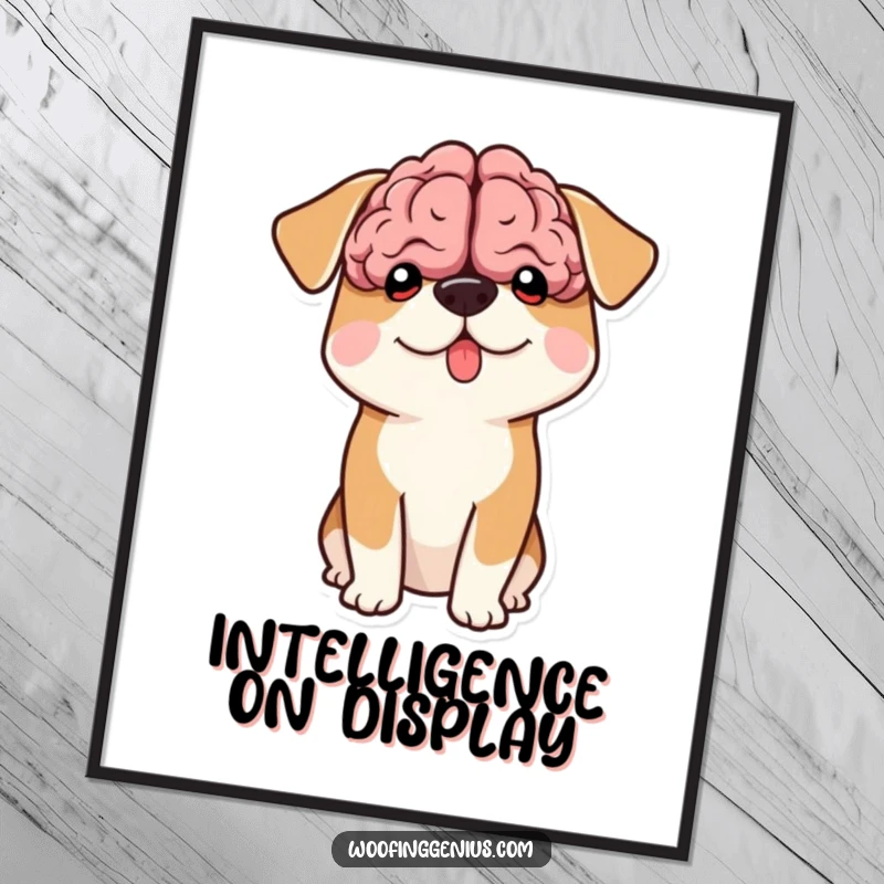 Funny digital art print of a dog with a comically large brain shape peeking out from its head.