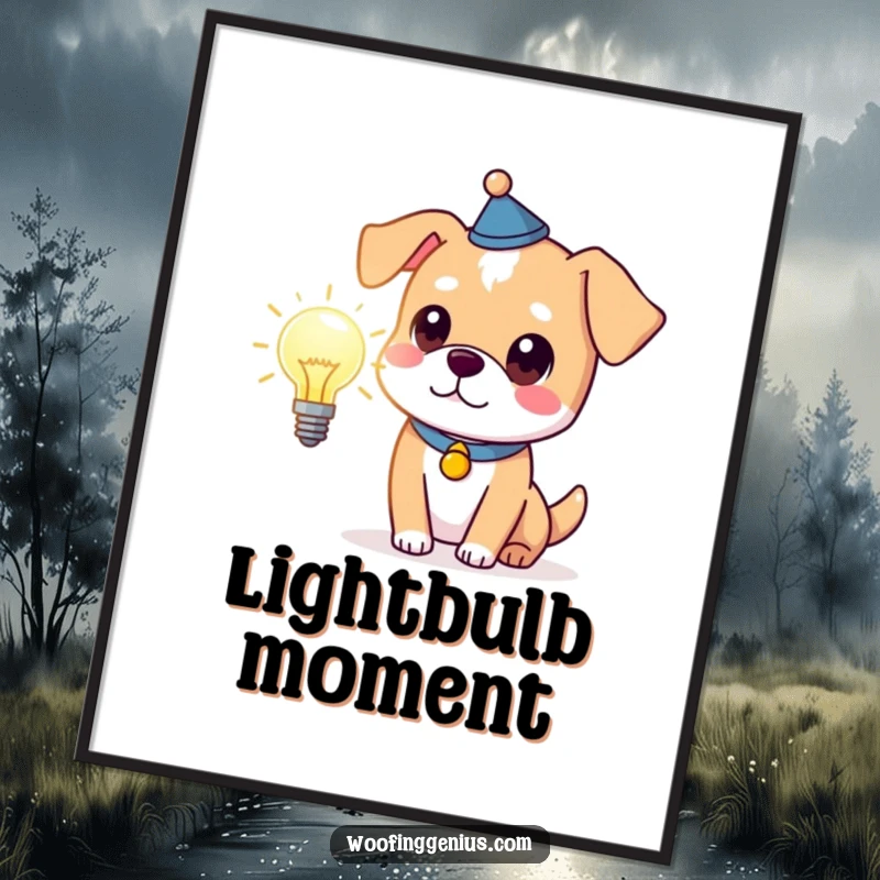 Funny clever dog wearing a thinking cap, holding a glowing lightbulb, printable digital art for instant intelligent and humorous wall decor.