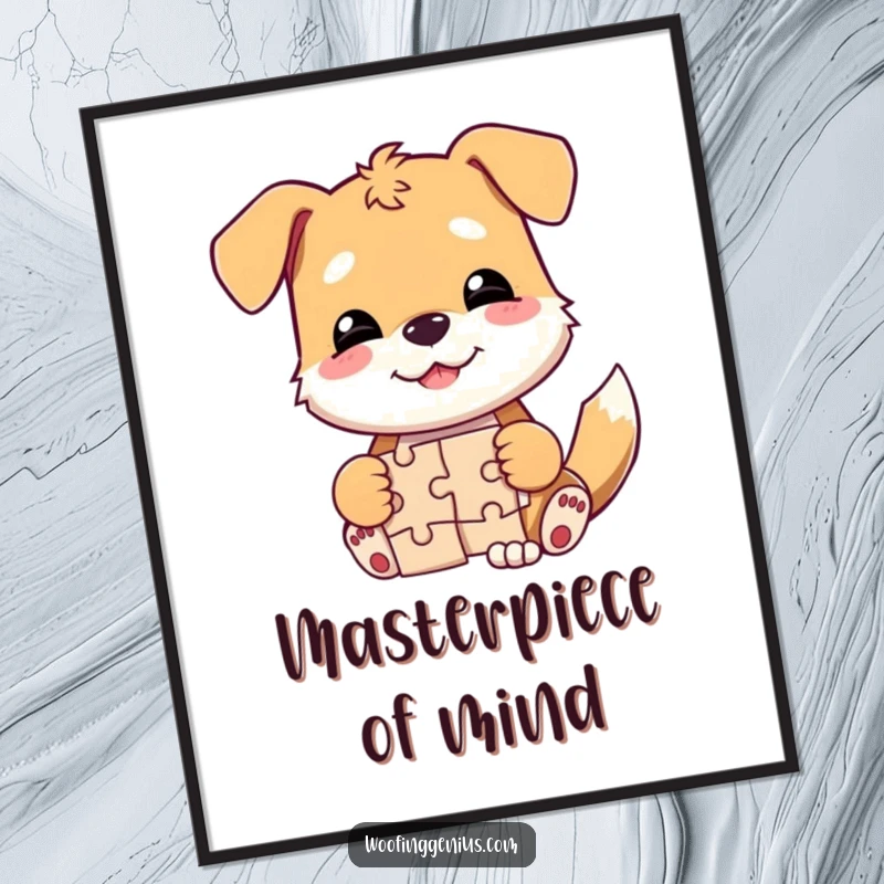 Funny dog digital art print of a smirking dog triumphantly finishing a jigsaw puzzle, radiating pride and humor.