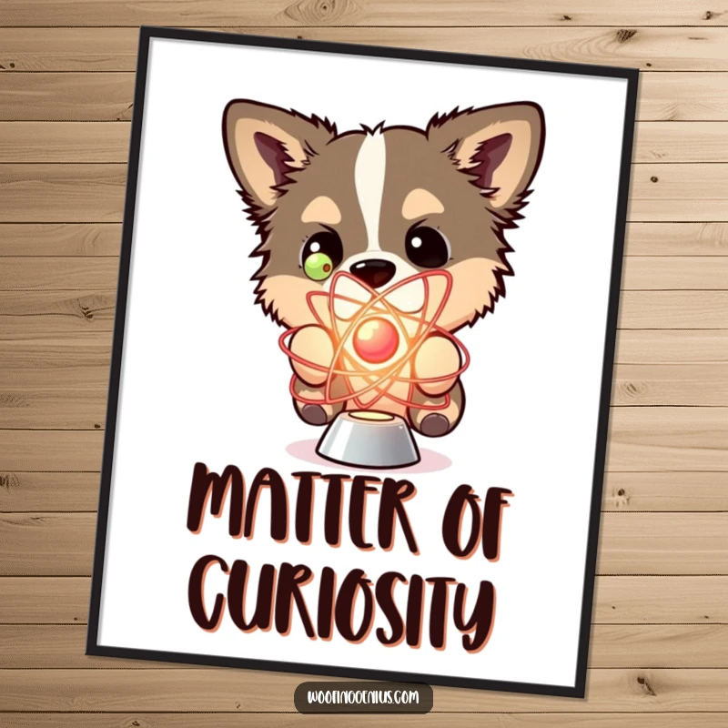 Funny digital art print of a dog curiously examining a detailed model of a spinning atom.