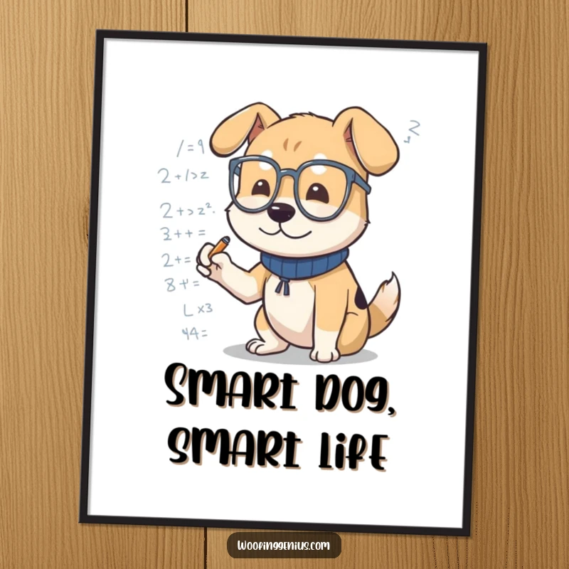 Funny dog digital art print of a dog wearing glasses, enthusiastically scribbling mathematical formulas. Intellectual and humorous.