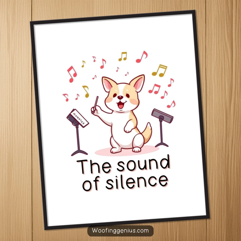 Funny digital art print of a dog energetically conducting musical notes, a lively maestro.