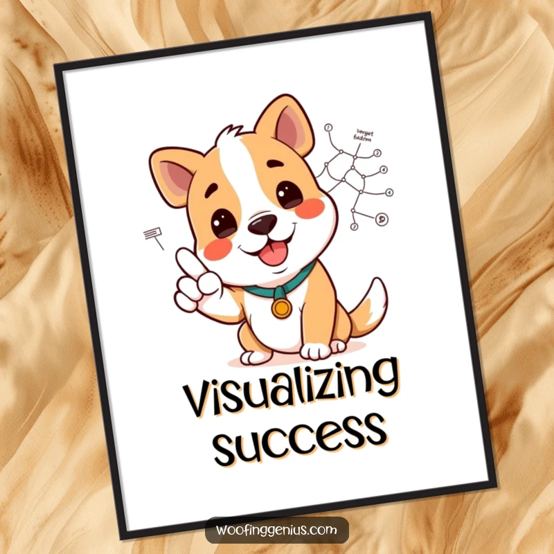Funny dog character smiling and pointing to a complex diagram, available as digital art print for instant humorous decor.