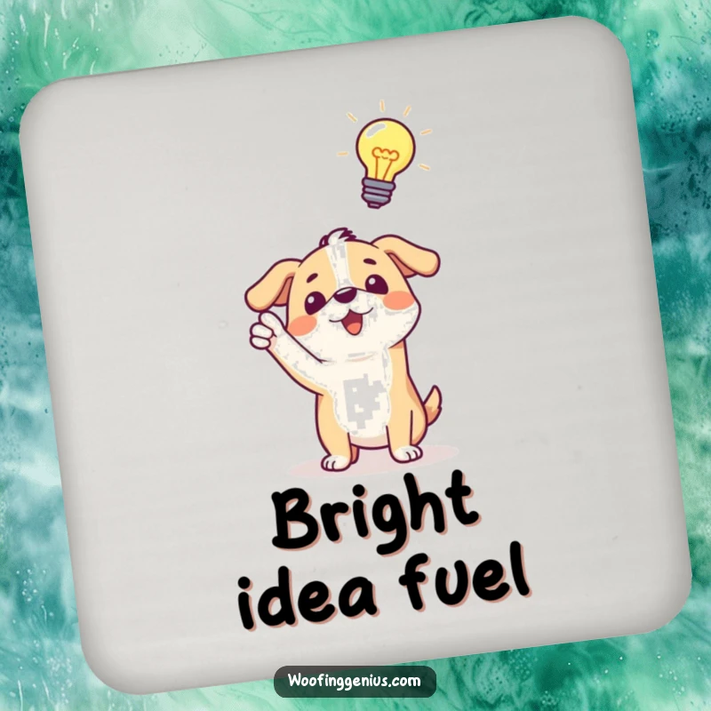 Funny coaster: a dog pointing excitedly at a glowing lightbulb above its head, symbolizing a moment of brilliant inspiration.