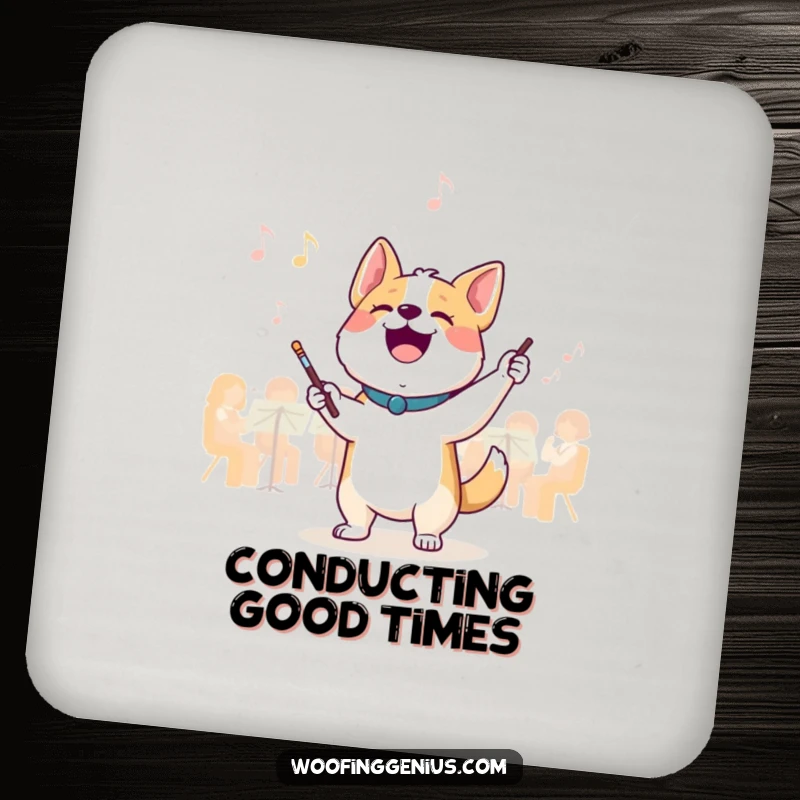 Funny conductor dog coaster: a joyful dog leads an invisible orchestra with a tiny baton, protecting surfaces with musical flair.