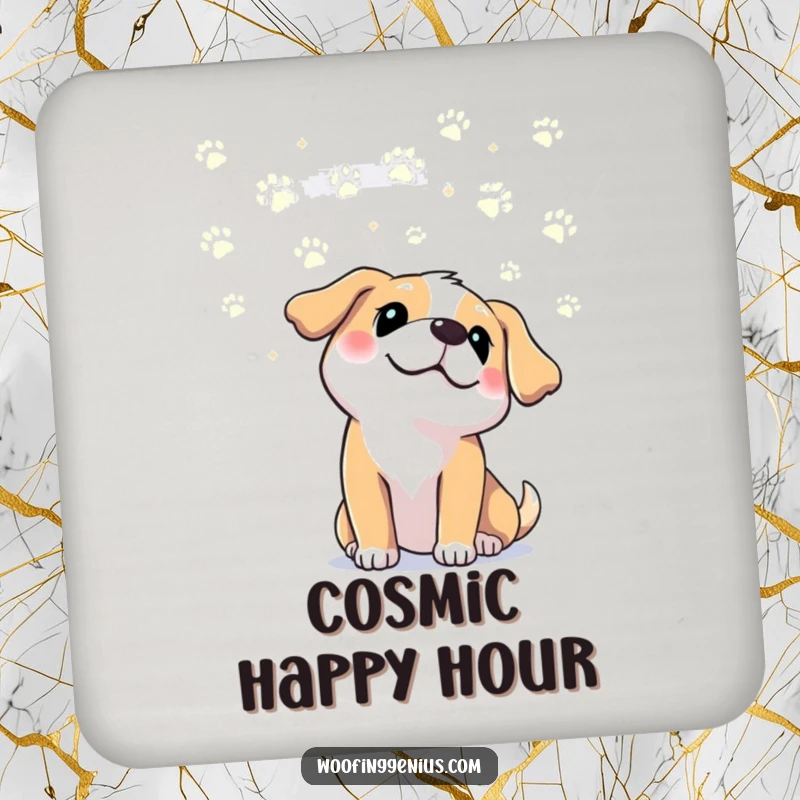 Funny dog looking at paw print constellations in the sky, protecting surfaces with humor. Funny gift coaster.